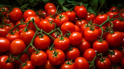 Vibrant red tomatoes with green leaves on white background, embodying freshness and natural beauty