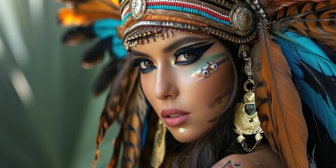 Fototapeta na wymiar Woman in the Goddess Ancient Aztec Empire Beauty Style - Beautiful Goddess Girl Background created with Generative AI Technology