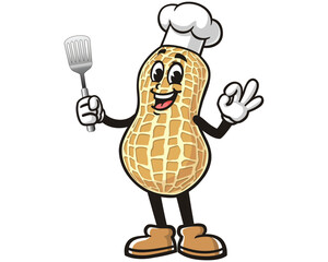 Peanut with a spatula and wearing a chef's hat cartoon mascot illustration character vector clip art logo hand drawn