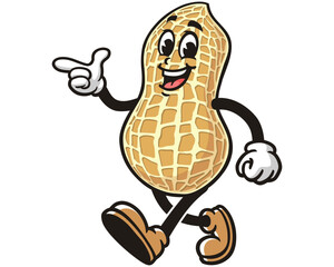walking Peanut with pointing hand cartoon mascot illustration character vector clip art logo hand drawn