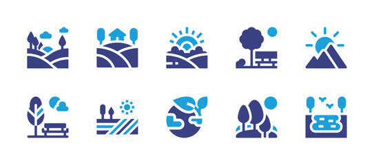 Nature icon set. Duotone color. Vector illustration. Containing sunrise, house, mountains, landscape, park, earth, field, lake.