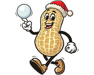 Peanut wear Christmas hats and play snowballs cartoon mascot illustration character vector clip art logo hand drawn