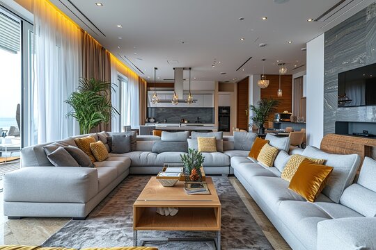 Stylish interior of living room with comfortable furniture