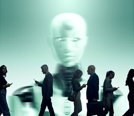 AI robot on a screen and crowd of people