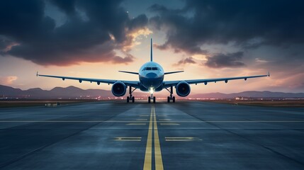 Ready for departure, Airplane prepares for takeoff on airport runway, front view, horizontal wallpaper. - obrazy, fototapety, plakaty