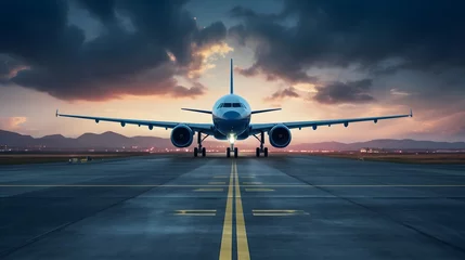 Fotobehang Ready for departure, Airplane prepares for takeoff on airport runway, front view, horizontal wallpaper. © Ziyan Yang