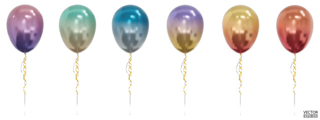 Set of realistic vector gradrient colorful balloons isolated on white background. Helium balloons clipart for anniversary, birthday, wedding, party. 3D vector illustration.
