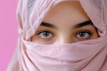 Horizontal shot of positive Muslim woman keeps eyes closed keeps hands on face smiles gladfully wears traditional hijab laughs at something funny isolated on pink background