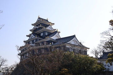 Naklejka premium A Japanese castle : a scene of the donjon of Okayama-jyo castle in Okayama City in Okayama Prefecture : 日本の城：岡山県岡山市にある岡山城の天守閣の風景