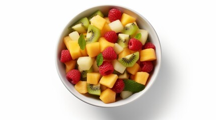 Fresh and colorful bowl of healthy fruit salad, top view isolated on white background