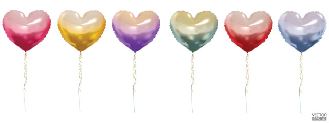 Set of realistic vector gradient colorful heart balloons isolated on white background. Helium heart balloons clipart for anniversary, birthday, wedding, party. 3D vector illustration.