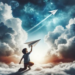 child holding paper airplane in cloudy sky - obrazy, fototapety, plakaty
