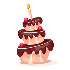Cake with candles isolated on white. Vector for cards and stickers. Birthday cake