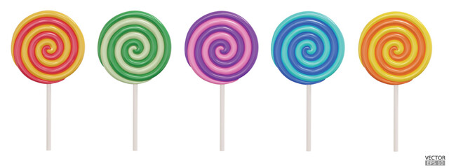 Set of colorful sweet lollipops isolated on white background. 3d realistic, swirl, colored sugar candies on stick. 3D Vector illustration.