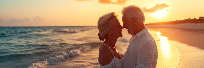 Panorama web banner happy romantic senior man and woman couple together on a deserted beach, senior life