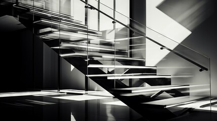 High-contrast, black and white photo of a contemporary staircase with glass sides, the sharp lines creating a modernist aesthetic
