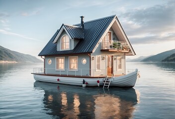 a small, delightful house designed to resemble a boat floating in the water