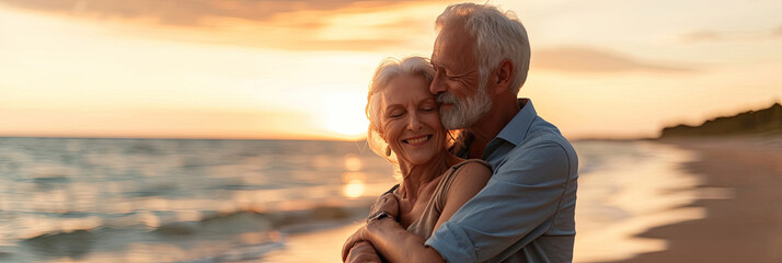 Panorama web banner happy romantic senior man and woman couple together on a deserted beach, senior life