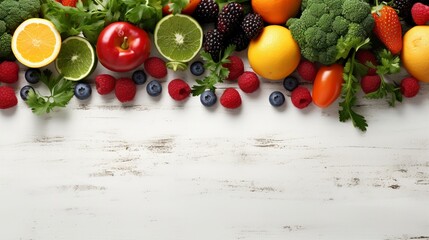 Fresh and nutritious food layout with a variety of fruits, vegetables, and eggs on a white wooden surface