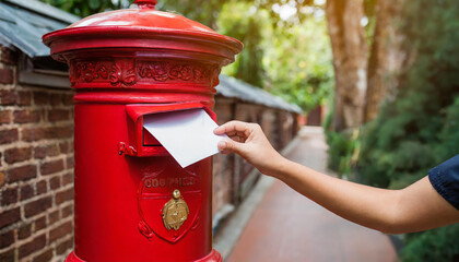 Woman posting a letter in a red post office postal box - obrazy, fototapety, plakaty