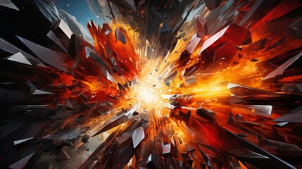 Fototapeta premium Chaotic crystal explosion within a sleek reflective chamber, highlighted by sharp red and gold contrasts