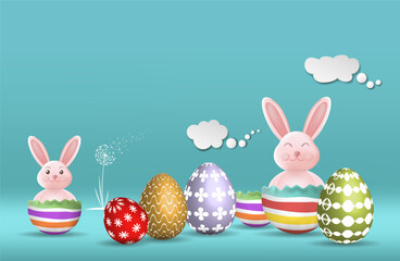 Easter poster template with Easter eggs on a light background. Easter bunny, greetings and gifts for Easter Day