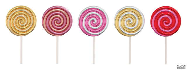 Set of metallic colorful sweet lollipops isolated on white background. 3d realistic, swirl, colored sugar candies on stick. Gold lollipop. 3D Vector illustration.
