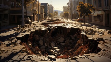 Dramatic street scene highlighting the aftermath of an earthquake with a gaping sinkhole