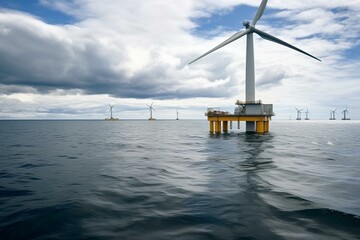 An offshore wind turbine with a foundation and platform in the wind farm in Flevoland, Netherlands. Generative AI