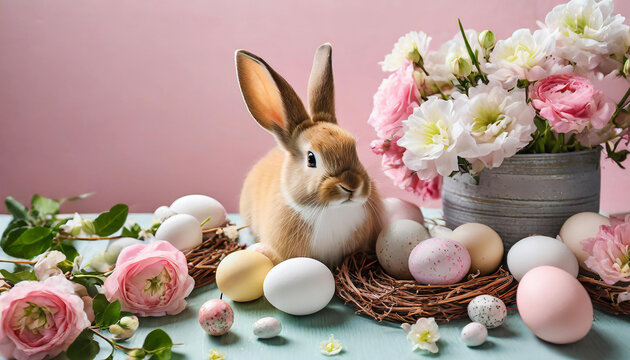Easter concept bunny rabbit painted eggs in baskets  and flowers in vase