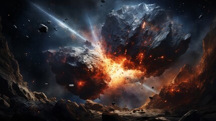 Sci-fi inspired scene of a meteorite collision course with earth, amidst a shower of interstellar fragments and sparks