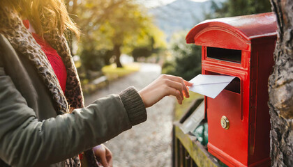 person posting a letter in a red post office postal box - obrazy, fototapety, plakaty