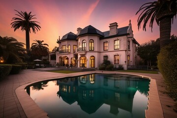 Stunning extravagant mansion featuring a spacious pool under the evening sunset. Generative AI - obrazy, fototapety, plakaty