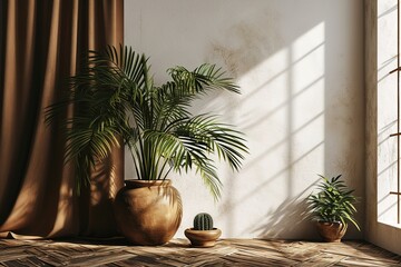 Plant against a white wall mockup. White wall mockup with brown curtain, plant and wood floor. 3D illustration.