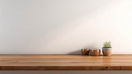 A serene and minimalist depiction of a kitchen top made of brown timber, emphasizing the simplicity and elegance of the wooden surface on a white background