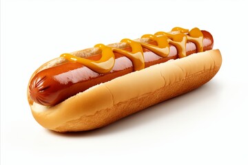 Delicious hotdog with tangy mustard, ketchup, and crunchy pickles on white background - obrazy, fototapety, plakaty