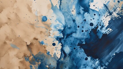 Abstract blue and brown watercolor painting with dynamic splashes