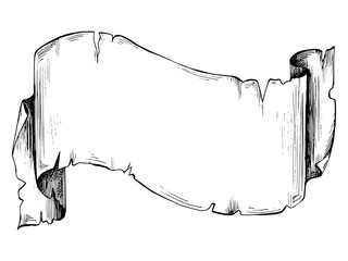 A papyrus scroll antique with jagged edges. Graphic illustration hand drawn in black ink. Isolated object EPS vector.