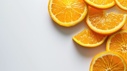 Fototapeta premium Fresh orange slices arrayed on a white background, full of zest and color