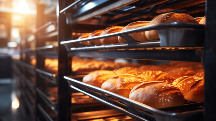 Bread bakery with baked loafs in shelfs of commercial kitchen concept of bread baking production manufacture business and modern technology