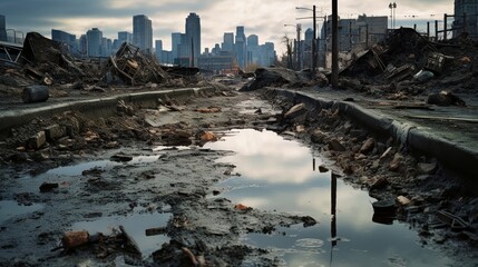 Stark depiction of road decay with a deep pothole amidst a desolate cityscape, conveying a sense of urgency