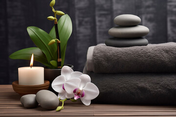Spa composition, pebble stones, on towels, orchid flowers and a candle on a dark background, wellness treatments concept
