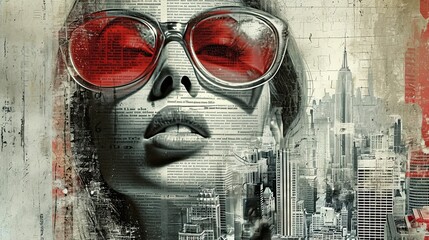 Retro woman in red sunglasses portrait in trendy collage style, 8 march or women power concept, AI...