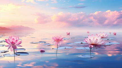 Dreamy waterscape with soft pink lotuses floating on a calm azure lake, reflecting a pastel sunrise - obrazy, fototapety, plakaty