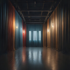 Dark empty room, reflections colorful vertical lamps, abstract background stage. 3d render - - generated by ai