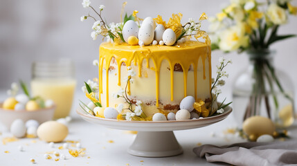 easter cake with yellow decor, white background