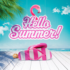 Hello Summer sign and flip-flops on the deck