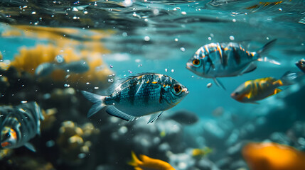 Naklejka na ściany i meble Tropical Fish Swimming in Clear Ocean Water