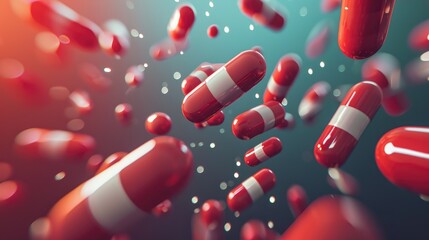 A 3D render of various colorful capsules and pills suspended in mid-air against a vibrant blue background with soft cloud shapes, representing healthcare, medicine, and pharmaceutical concepts. - obrazy, fototapety, plakaty