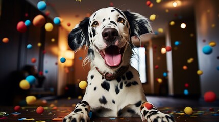 Pet birthday party scene with a happy dog in a festive hat, with vibrant dots of confetti in the air